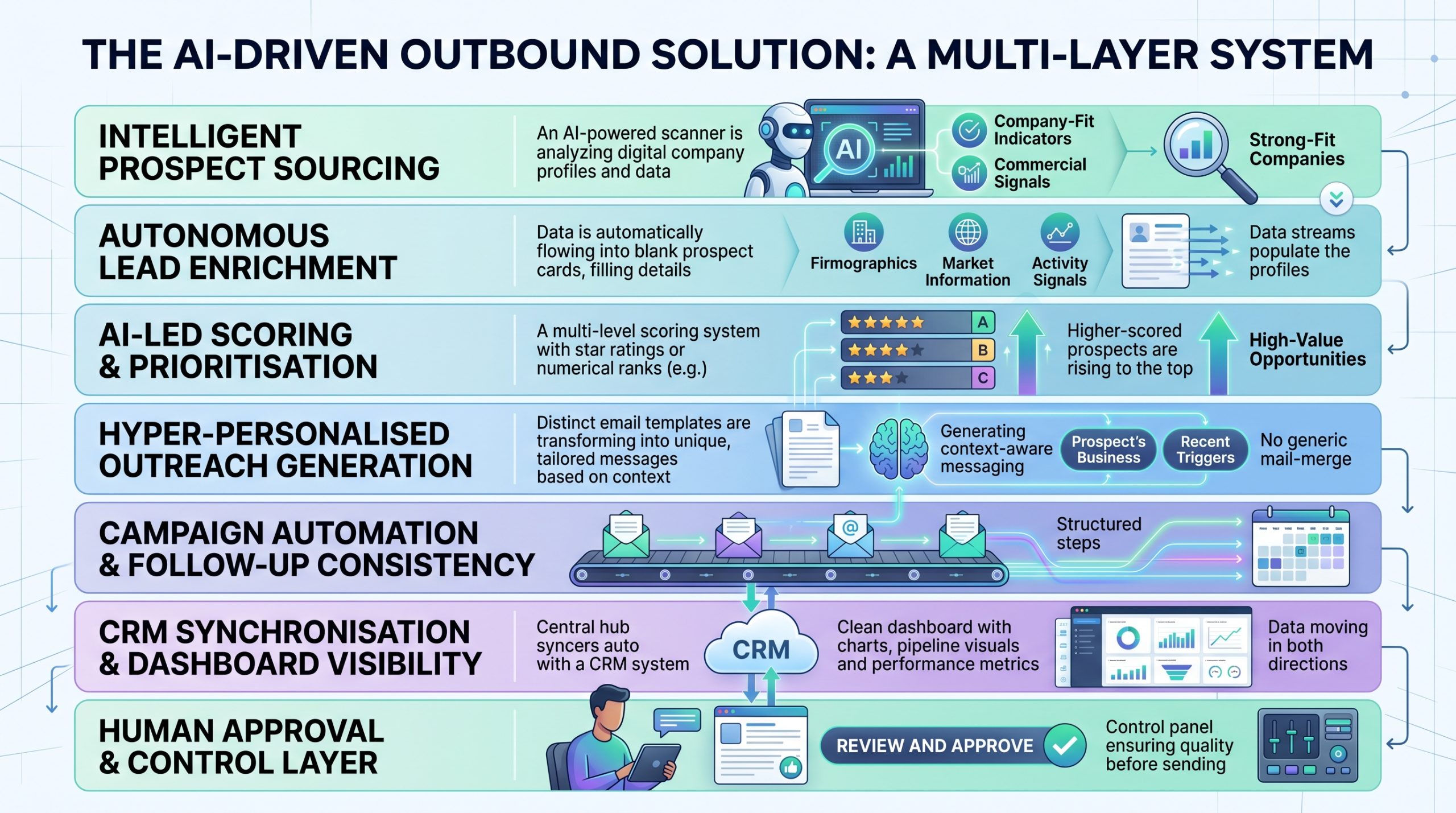 AI-driven outbound solution process showing prospect sourcing, enrichment, scoring, personalised outreach, automation, CRM sync, and human approval