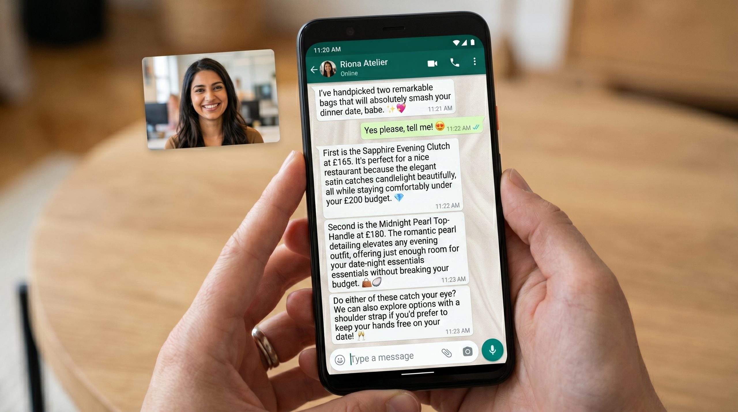 Riona Atelier dynamic product suggestion logic showing personalised WhatsApp recommendations for a customer