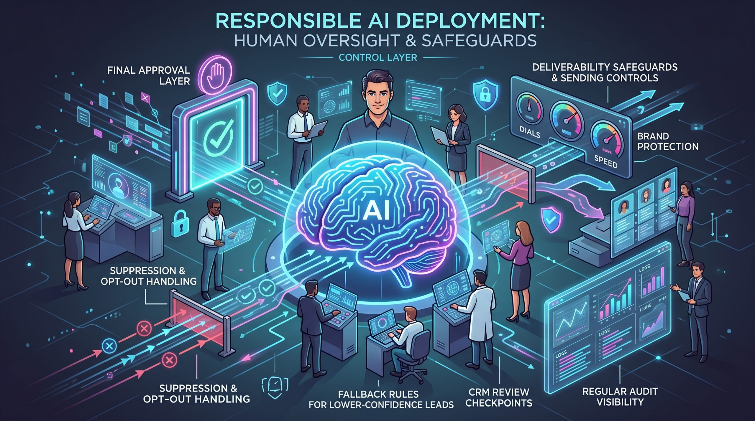 Responsible AI deployment showing human oversight, safeguards, control layers, deliverability controls, opt-out handling, CRM checkpoints, and audit visibility