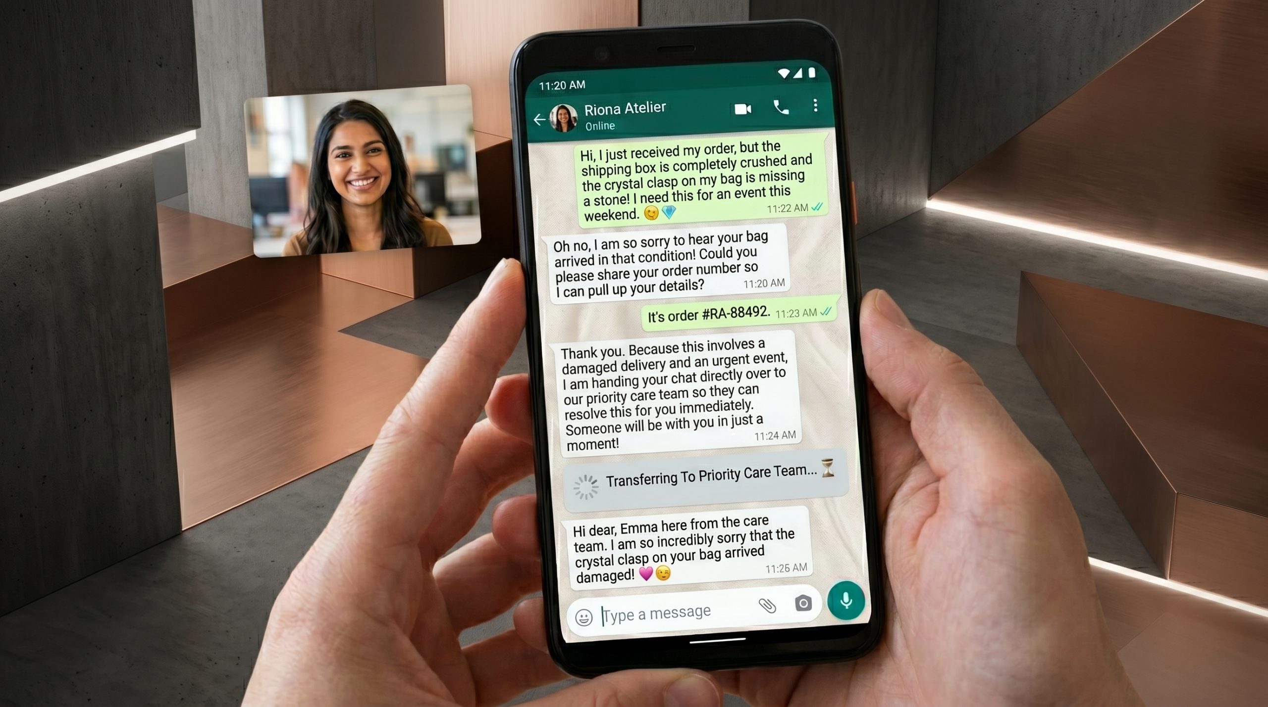Riona Atelier WhatsApp AI transferring a damaged delivery conversation to a human care team with context preserved