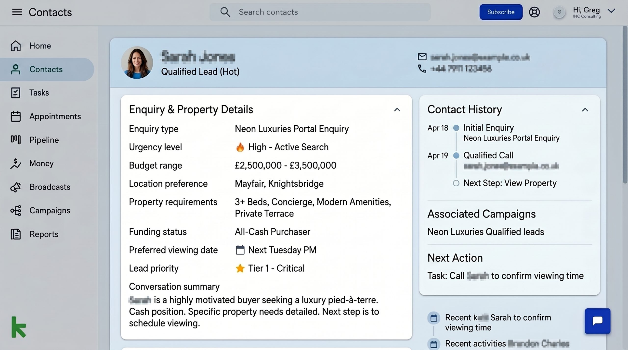 Keap CRM dashboard for Neon Luxuries showing structured lead details, enquiry type, urgency, budget, location, funding status, lead priority, and conversation summary