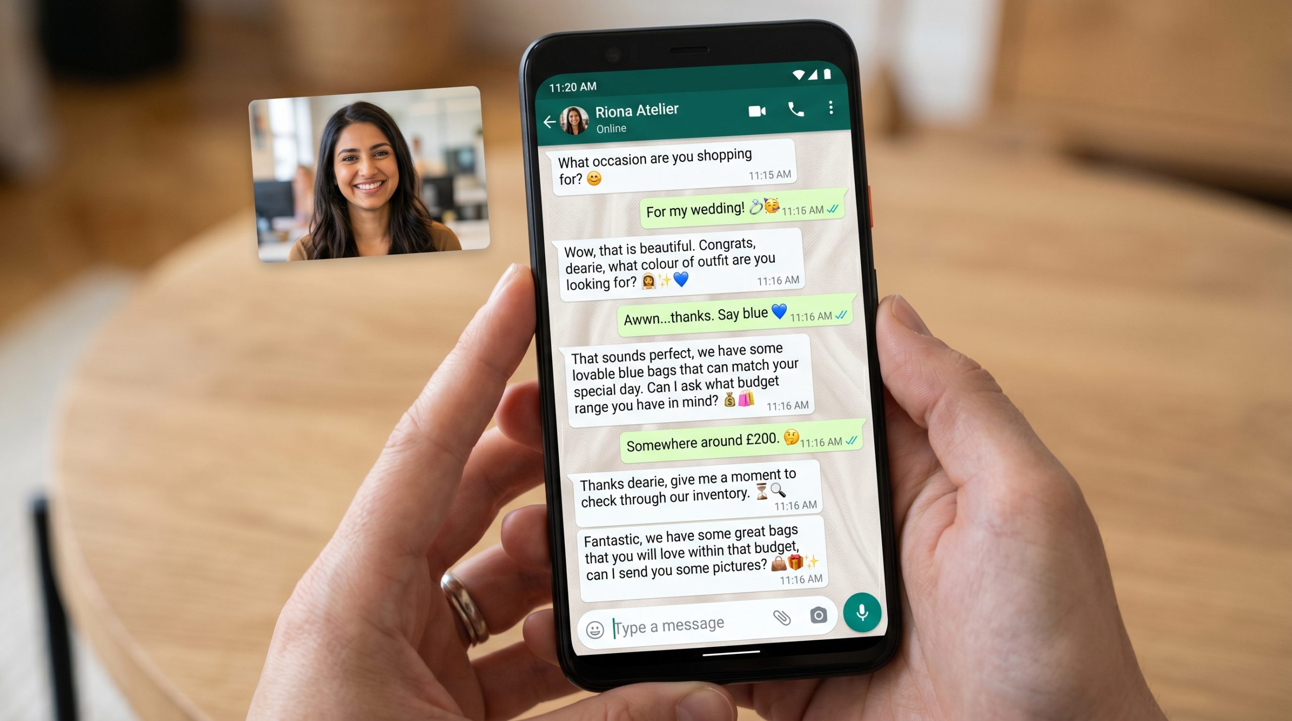 Riona Atelier WhatsApp AI concierge guiding a customer through a premium shopping conversation